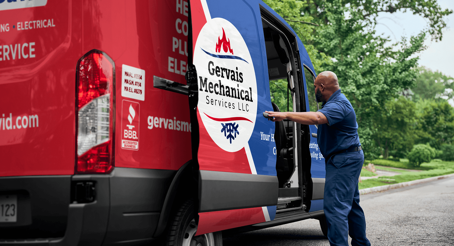 A professional Gervais technician opening a service van on a residential street, ready to provide home HVAC, plumbing, and electrical services.